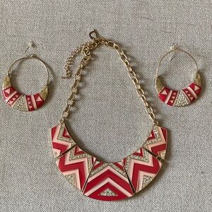 Gorgeous necklace with earrings with gold red rhinestones accents